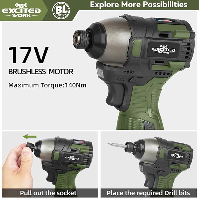 17V Brushless Screwdriver, 140Nm Cordless Impact Driver Set with 3 Adjustable Speed, 2 Batteries and Led Work Light
