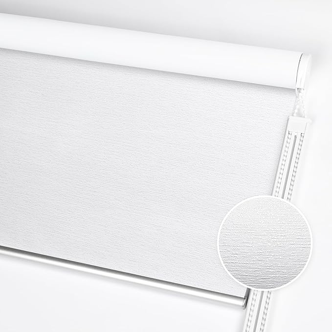 ALLBRIGHT 100% Blackout Roller Blinds Woven Shades with Striped Jacquard, Cordless Window Shades, UV Protection Fabric, Easy-Install for Indoor Home & Office, White, 26" W x 72" H