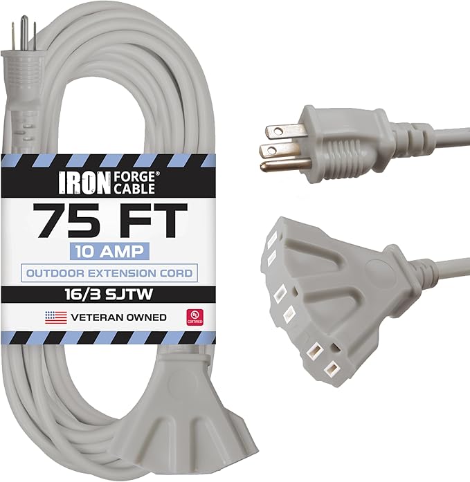Iron Forge Cable 75 ft Gray Outdoor Extension Cord with Multiple Outlets, 16/3 SJTW 75 Foot Grey Outdoor & Indoor Extension Cord with 3 Outlets, 3 Prong, Weatherproof 10 Amp Heavy Duty Power Cable