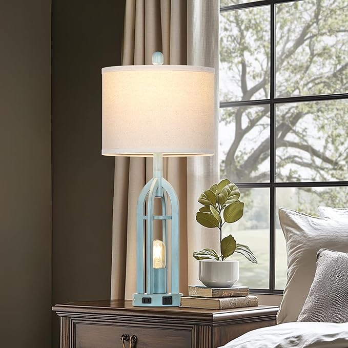 27" Industrial Farmhouse Table Lamp,Vintage Rustic Blue Beside Lamp with USB A+C Charging Ports & AC Outlet, Metal Nightstand Lamp with LED Night Light for Bedrooms (2 LED Bulbs Included)