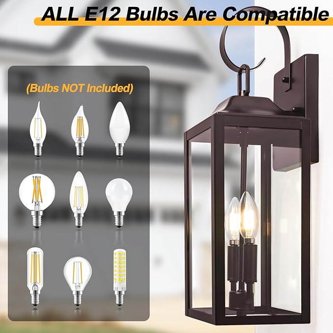 19" Oil Rubbed Bronze Outdoor Wall Lantern 2-Light, Large Outside Modern Sconce Light Fixture, Brown Porch Light Wall Mount with Glass, Waterproof Farmhouse Exterior Lamp Lighting, 2 Pack