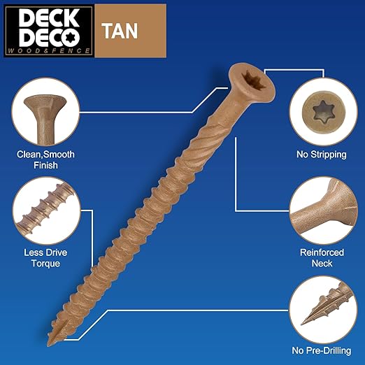 Wood Screws #10 x 3, Tan Ruspert Coating Exterior Deck Screws, Torx/Star Drive Flat Head,Twist Shank, Cut Tip/Thread, Bit Included, 1 lb/Box