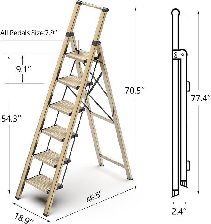 GameGem 6 Step Ladder for 12 Feet High Ceiling, Lightweight Aluminum Folding Step Stool with Convenient Handgrip, Stepladders with Anti-Slip and Wide Pedal for Home Use Space Saving - Gold