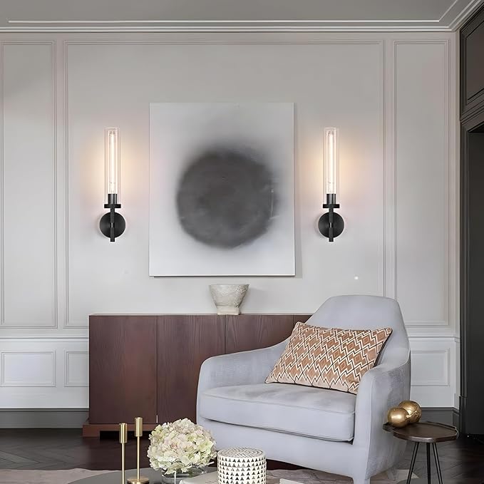 Modern Black Hardwired Wall Sconces, 21'' Knurled Bathroom Wall Sconce, Indoor Wall Sconce,Copper and Glass Vanity Light, for Living,Bedroom, Hallway, Staircases, Include Bulbs