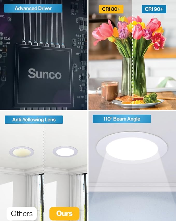 Sunco 48 Pack Recessed Lighting 6 Inch LED, Canless Ceiling Lights Slim with Junction Box, 850 LM, 14W (100W Equivalent), 2700K Soft White, Dimmable, Wafer Thin, 50000 Lifetime Hours ETL.