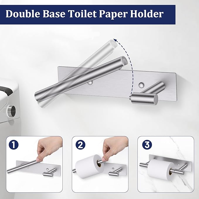 Brushed Nickel Toilet Paper Holder, Adhesive or Screw Toilet Roll Holder Wall Mount, SUS304 Stainless Steel Double Post Pivoting Toilet Roll Holder for Bathroom, Kitchen, Washroom