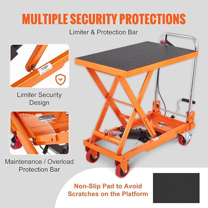 VEVOR Hydraulic Lift Table Cart, 330lbs Capacity 28.5" Lifting Height, Manual Single Scissor Lift Table with 4 Wheels and Non-Slip Pad, Hydraulic Scissor Cart for Material Handling and Transportation