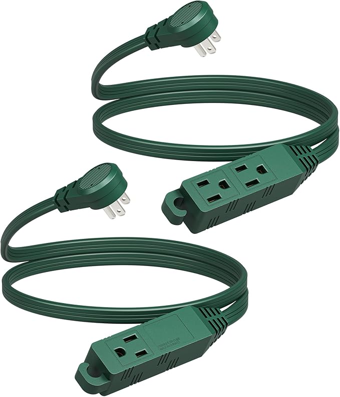 DEWENWILS 3 Outlet Extension Cord with Flat Plug, 3FT 16/3 Awg Grounded Power Cable for Indoor Use, SPT-3 Cord, Green, ETL Listed, 2 Pack