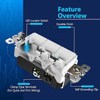 LIDER Matte Finish Lighted Triple Switch with Screwless Wall Plate, Combination Frameless Decorator Switch with Locator Light, Ground Terminal Single Pole, 15A 120V, UL Listed, White, 2 Pack