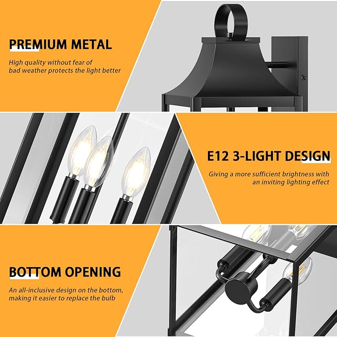 20" Extra Large Outdoor Wall Light, Black Exterior Lighting Fixtures with 3-Light, Waterproof Wall Mount Porch Lantern, Modern Outside Wall Sconce Garage Coach Light with Clear Glass, E12, 1 Pack