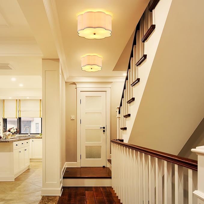 Modern Drum Semi Flush Mount 3-Light Gold Ceiling Lighting Vintage Linen Lamp for Laundry, Kitchen, Basement, Dining, Bedroom