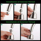 Houtingmaan Kitchen Sink Faucet Aerator with 2 Ball Joint, Big Angle Swivel Sprayer Head Replacement with 4 Spray Models, 55/64-27UNS Famale Thread - Brushed Nickel