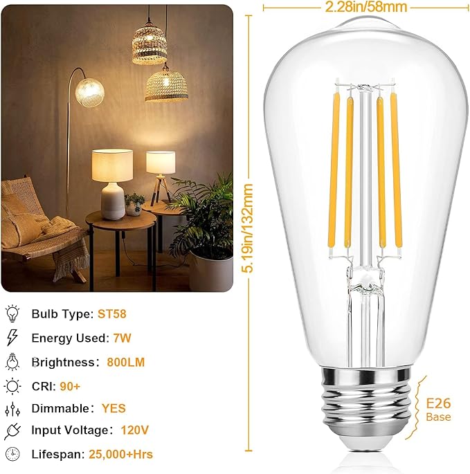 24-Pack Vintage LED Edison Bulbs 60 Watt Equivalent Dimmable 7W ST58 LED Filament Light Bulbs Warm White 3000K Antique Style Lighting High Brightness 800LM E26 Medium Base Clear Glass for Home Office