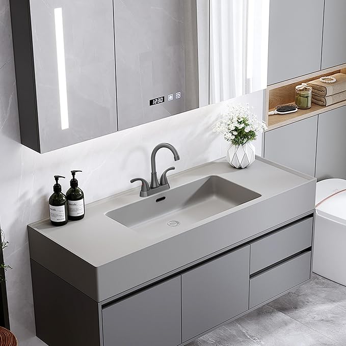 Bathroom Sink Faucet FRANSITON 4 Inch 2 Handle Lead-Free Brushed Grey Bath Sink Faucet with Pop-up Drain Stopper and Supply Hoses