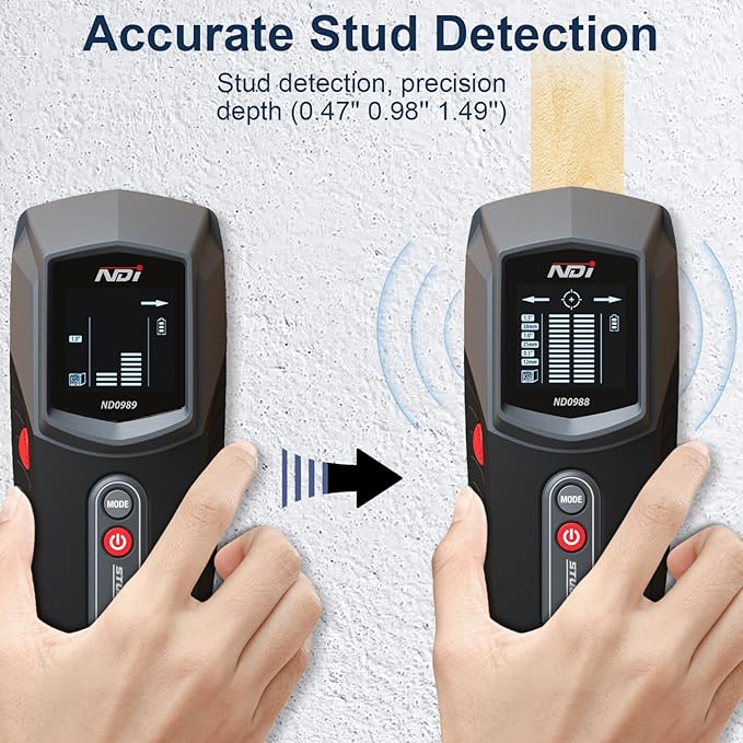NDI ND0988 Stud Detector – Precise Wall Scanner for Wood Stud Detection with Multiple Depth Modes, Backlit LCD Display, and Audio Alerts – Ideal for Home Renovations and Installation Projects