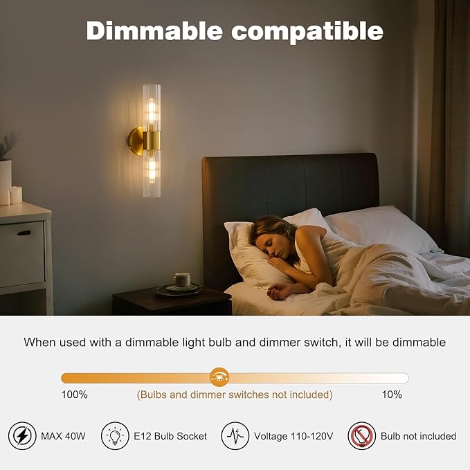 Bathroom Light Fixtures 2-Light, Modern Vanity Light for Bathroom, Wall Sconce, Bath Light with Glass Rods Shades for Mirror Bedroom Hallway (Brushed Brass)