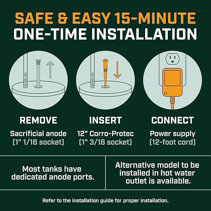 Corro-Protec Powered Anode Rod for Water Heater, 20-Year Warranty, Eliminates Rotten Egg/Sulfur Smell within 24 hours, Stops Corrosion and Reduces Limescale, Electrical Anode Rod Made of Titanium