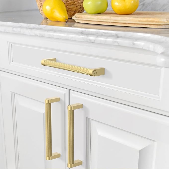 Amerdeco 10 Pack Brushed Gold Knurled Cabinet Pulls 5 Inch Hole Centers Kitchen Cabinet Handles Hardware Kitchen Handles for Cabinets Handles ZH0064
