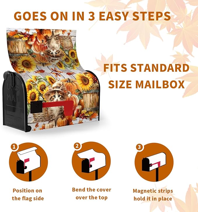 Fall Pumpkin Sunflower Mailbox Covers Magnetic 25.5X21 Inch Cute Cat Autumn Harvest Mailbox Cover Thanksgiving Wraps Post Letter Box Cover Large Size Garden Farm Outdoor Yard Decor