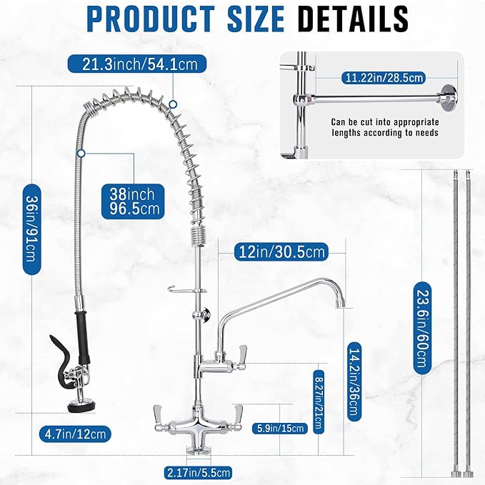 36" Height Commercial Sink Faucet Deck Mount with Pre-Rinse Sprayer, Commercial Kitchen Faucet with 10" Add-on Swing Spout Faucet & Spring Pull Down Sprayer, 8" Adjustable Center Kitchen Faucet