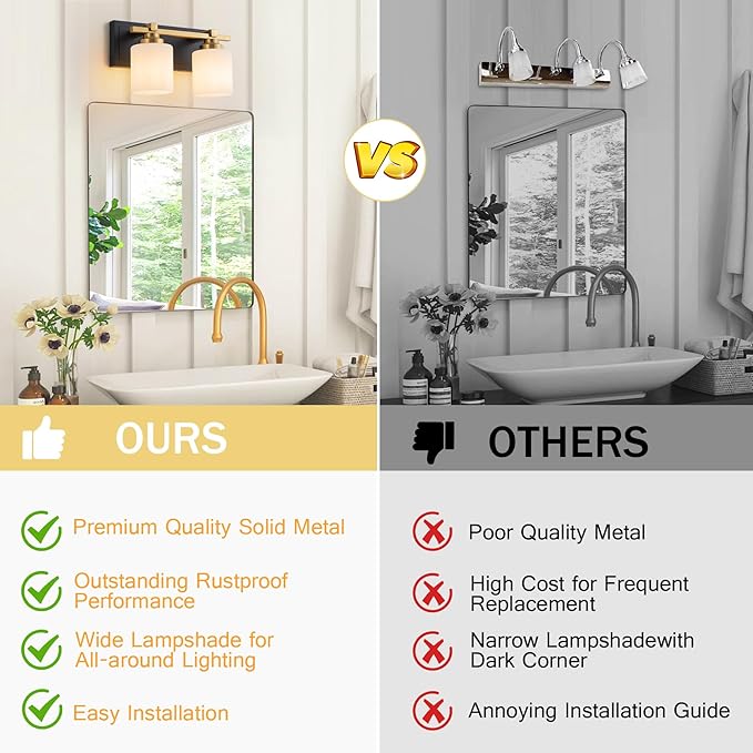 2 Light Modern Bathroom Light Fixtures Over Mirror, Black Gold Vanity Lights for Bathroom Wall Sconces with Milky White Glass Shades, E26 Socket (Bulbs Not Included)