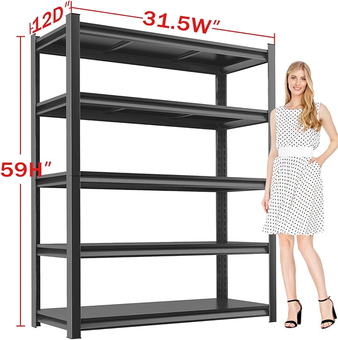 Metal Garage Storage Shelves Heavy Duty Shelving Unit 5 Tier Steel Adjustable Organizing Shelves 3000 LBS Capacity Industrial Shelving Ideal for Garage Tote Pantry Basement Outdoor, 59”Hx31.5”Wx12”D