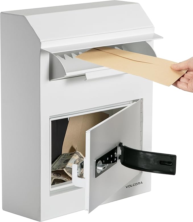 Volcora Key Drop Box with Lock, Drop Slot Depository Safe Box Digital Keypad, Outdoor Waterproof Money Drop Safe for Business, Cash Drop Box, Wall Mount Mailbox, Electronic Programmable Lock, White