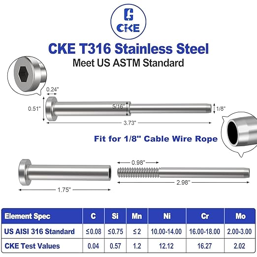 CKE 50 Pack 4"x4" Invisible Cable Railing Kits, T316 Stainless Steel 1/8" Invisible Receiver and Swage Stud End for Deck Cable Railing Hardware Threaded End Fitting for 2x2, 4x4 Wood/Metal Posts, CR31