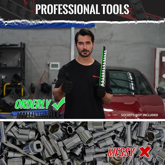 Magnetic Socket Organizer, 3-Piece Heavty Duty Aluminum Socket Holder, Socket Rail for Tool Box, Premium Quality 360° Swivel Socket Rack with 42 Clips for 3/8-Inch(Green)