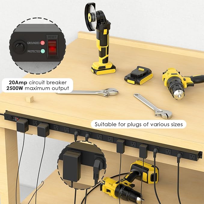 JUNNUJ Long Metal 16 Outlet Power Strip,Wide Spaced Garage Industrial Heavy Duty Power Strip,Surge Protection 4800J,Wall Mount Screws Outlet with Switch 5-15P High Amp 6-20R T-Slot (Black, 6FT)