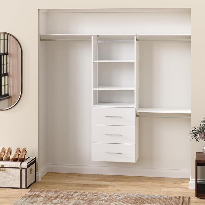 ClosetMaid SuiteSymphony Modern Hanging Closet Kit Includes (1) Tower, (3) Closet Rods, (4) Shelves, (3) Top Shelves w/Brackets, and (3) Drawer, White