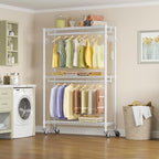 VIPEK R2 Plus Rolling Garment Rack 3 Tiers Adjustable Wire Shelving Clothes Racks with Wheels, Freestanding Wardrobe Storage Rack Heavy Duty Metal Clothing Racks for Hanging Clothes, White