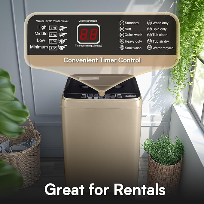 Portable Clothes Washing Machines 17.8LBS Full Automatic Washer and Spinner Combo with 10 Programs and 8 Water Levels, Compact Laundry Wash Machine for Apartment RV Dorm Home, Gold