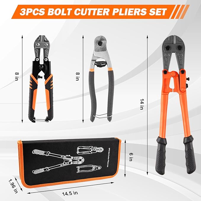 3 Piece Bolt Cutter Pliers Set, 14" Heavy Duty Bolt Cutter, 8" Mini Cutter & 8" Wire Rope Cutter with Storage Bag, CR-V Steel Blades for Chains, Locks, Barbed Wire