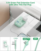 6 USB(3 USB C) Green Travel Power Strip- 5Ft Green Extension Cord with 6 USB Charging Station 24W and 3 Outlets, Cute Desk Accessories for Cruise Travel Kawaii Home Office Dorm Room