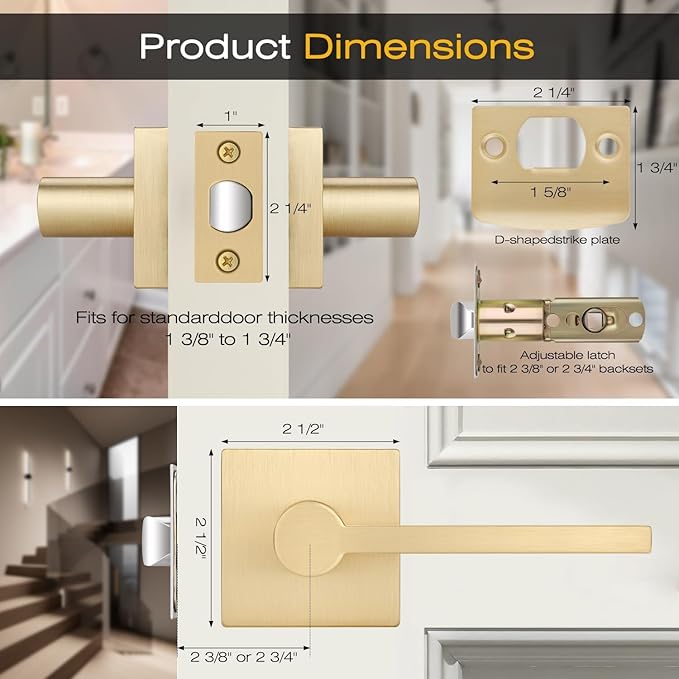 EHOMEWARE 6 Pcs Satin Brass Door Handles, Interior in Gold Finish, Passage Heavy Duty Contructions, Keyless Hallway Closet Door Knobs, Modern Door Levers