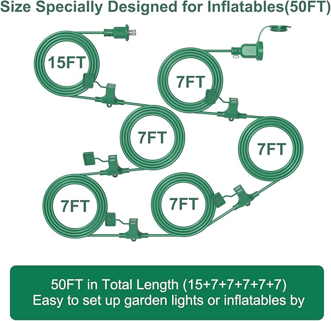 50FT Long Green Extension Cord 3 Outlets for Christmas Inflatables Blow Ups Yard Outdoor Outside Decorations Extension Cords with Multiple Outlets Plugs Cover Splitter Waterproof for Christmas Lights