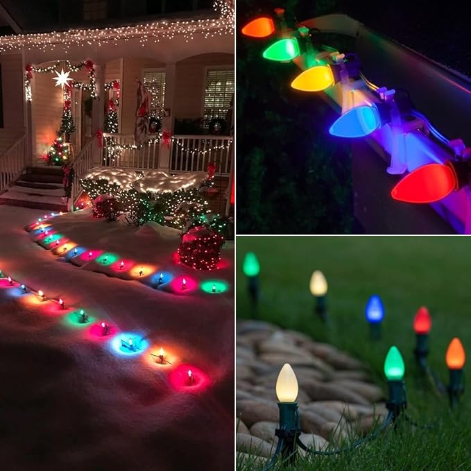 Couah Christmas Light Bulbs C7 Multi-Color Replacement Bulbs（25 Pack） C7 Ceramic Outdoor String Light Replacement Bulbs, C7/E12 Candelabra Base, 5 Watt