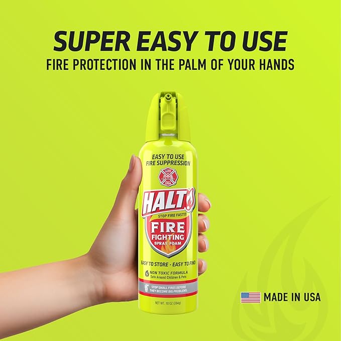 HALT! Fire Fighting Foam Spray – Non-Toxic, PFAS Free, Easy to Use, Store & Find in Emergency – Compact & Portable – Ideal for Home, Kitchen, Apartment, Car, BBQ, Tailgate – Made in USA (Single Pack)
