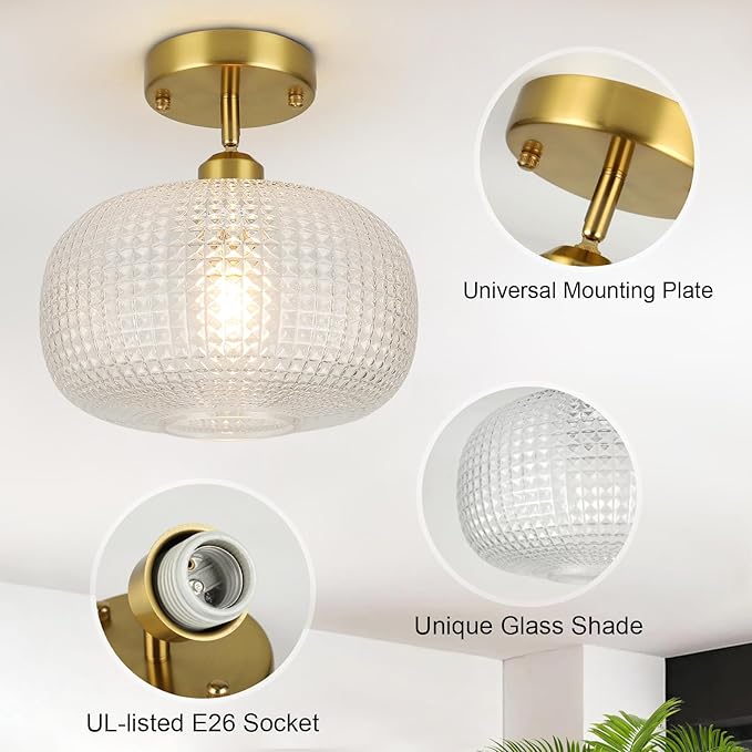 WILON Semi Flush Mount Ceiling Light Fixture, Brushed Brass Gold Light Fixture with Globe Glass Shade, Modern Vintage Ceiling Lamp for Bathroom Hallway Entryway Bedroom Nursery Laundry Room Kitchen