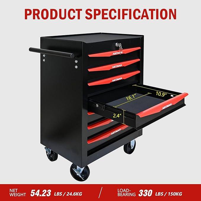 7 Drawers Rolling Tool Box on Wheels, Multifunctional Tool Chest Cabinet with Lock, Drawers Rolling Tool Cart Trolley Organizer Tool Storage Case for Warehouse,Garage,Workshop (Black&Red)