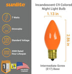Sunlite Incandescent C9 Colored Night Light Bulb, 7 watts, 120 Volts, Intermediate E17 Screw Base, 2000 Rated Hours, Christmas-Lights Nightlight, Orange, 25 Pack