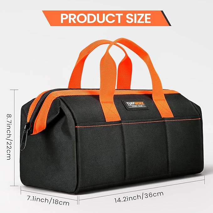 Tool Bag, Large Tool Organizer Bag with 18 Pockets,15.7x 11.4x 9.8 inch, Heavy Duty 600D Fabric, Black and Orange
