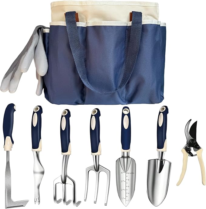 Gardening Tool Set, 9-Piece Heavy-Duty Aluminum Garden Tools with Non-Slip Handles and Large Tool Bag with Storage Pockets, Durable Hand Gardening Tools - Perfect Gardening Gift for Men and Wome