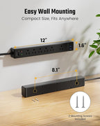 10Ft Extension Cord with Multiple Outlets, SUPERDANNY Flat Plug Surge Protector Power Strip with 3 USB Ports & 6 Outlets, 10 Ft Long Cord, Black Charging Station for Home Office, Dorm Room Essentials