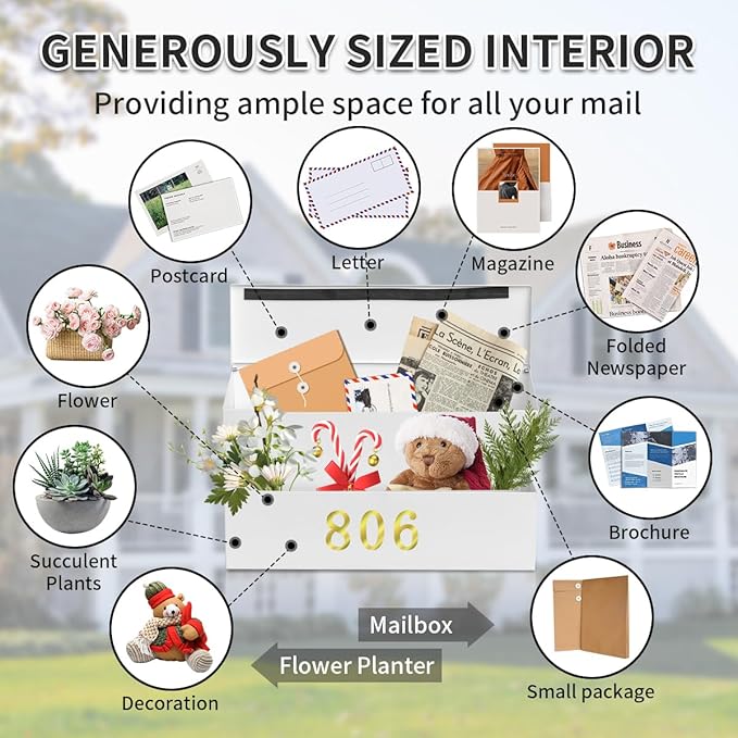 Wall Mount Mailbox, Large Capacity for House, Outside, with 3 Sets of 0-9 Number Stickers & Flower Planter, Galvanized Steel Rust-Proof Metal Post Drop Box, 15.74"×9.84"×6.41" White