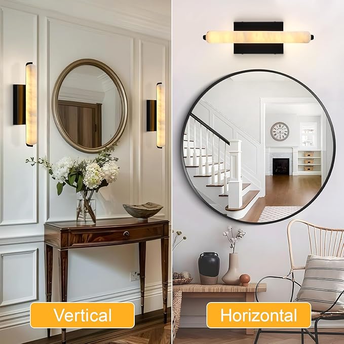 Alabaster Wall Sconces Set of Two, 15in Black Alabaster Sconce, Modern Spanish Natural Marble Sconces Lights, Rectangle Sconces for Bathroom Vanity Bedroom Living Room Staircases Hallway