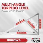 ARROW 8-Inch Torpedo Level, Magnetic Level Tool with 0°/30°/45°/90° Bubbles, Top-view Windows, Aluminium Alloy Frame, Dual Metric and SAE Scales