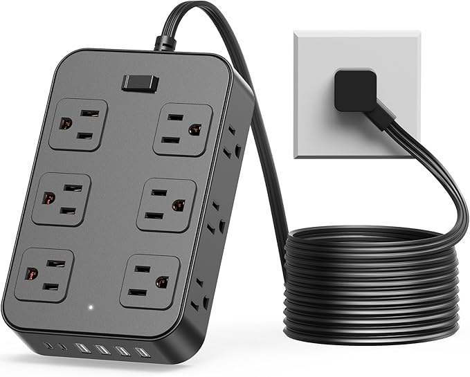 Flat Plug Power Strip Surge Protector with 12 AC Outlets 6 USB Ports 3 Side Multi Plug Outlet Extender 15 Ft Extension Cord for Home Office Kitchen Dorm Wall Desk Charging Station ETL Listed