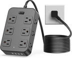 Flat Plug Power Strip Surge Protector 5 Ft Extension Cord with 12 AC Outlets 6 USB Ports 3 Side Multi Plug Outlet Extender Home Office Kitchen Dorm Room Wall Desk Charging Station ETL Listed